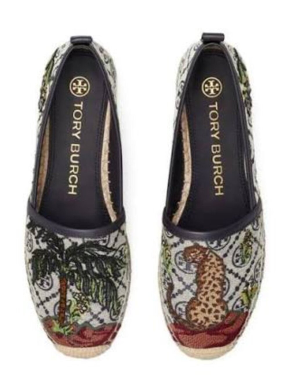 TORY BURCH Platform Embroidered Espadrilles Cheetah Palm Tree Size 10